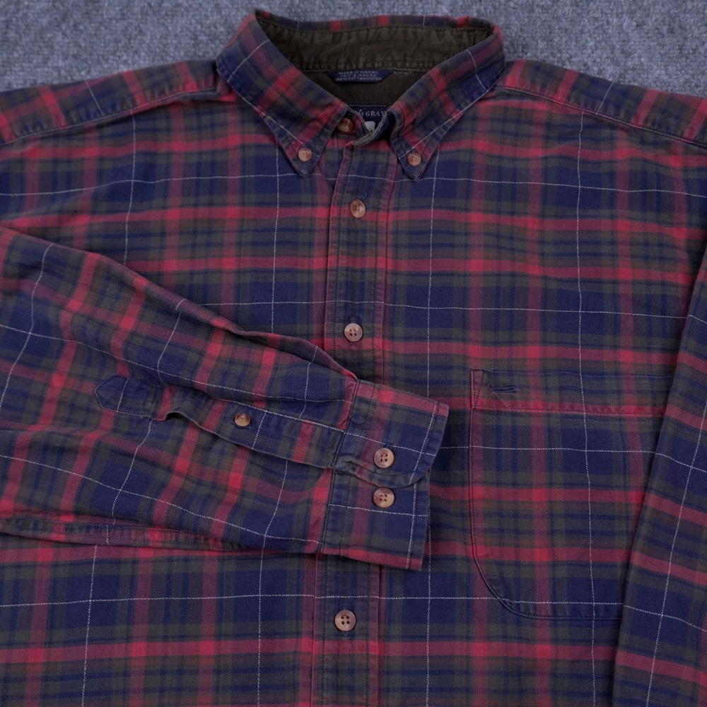 Woods & Gray Flannel Button Down Mens L Blue Burgundy Plaid Corduroy Collar